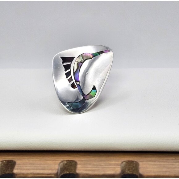 Alpaca Silver Screw Back Earring Abalone Inlay Swordfish Upcycle Craft - Picture 10 of 15